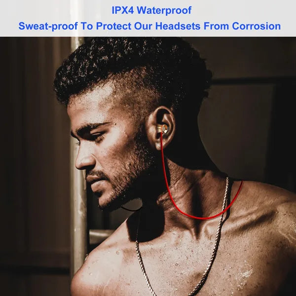 Man wearing a headset with text about IPX4 waterproof and sweat-proof features.