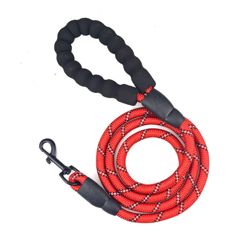 Red and black dog leash coiled on a white background