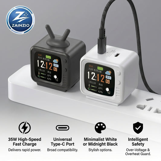 Two electronic devices with digital displays on a gray background, featuring the Zainzio brand.