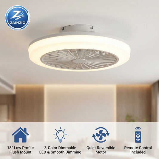 Ceiling fan with light fixture in a room setting, featuring Zainzio brand.