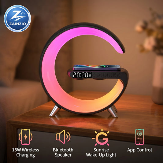 crescent moon-shaped night light with phone charging stand on a wooden surface