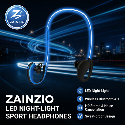 ZAINZIO LED night-light sport headphones with cityscape background