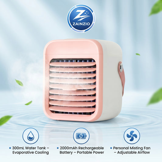 Zainzio portable water cooling fan (white/pink) emitting mist. Key features: 300mL water tank, 2000mAh rechargeable battery, and adjustable airflow.