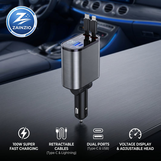 Retractable Car Charger, 100W Fast Car Charger, Zainzio Automotive, Cigarette Lighter Adapter, Type C Car Charger, Multi Port Phone Charger, Voltage Display Car Adapter