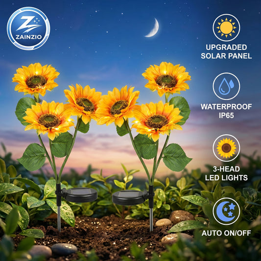 Solar Sunflowers, Flower Garden Lights, Zainzio Decor, Waterproof Outdoor LED, Triple Head Solar, Floral Path Lights, Sunflower Yard Art