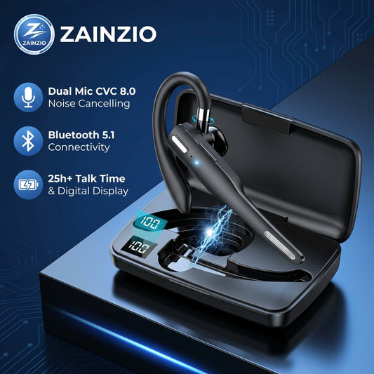 Zainzio Bluetooth headset with charging case on a blue background