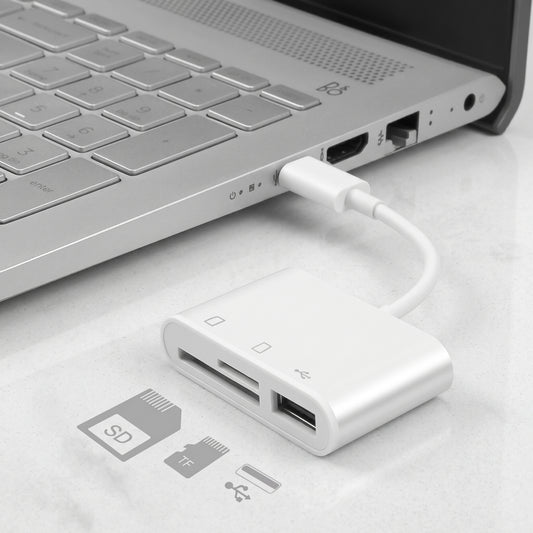 A white Zainzio 3-in-1 USB-C hub adapter, reading SD and TF cards, plugged into a silver laptop. Visible text: SD, TF.