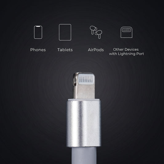 A close-up shows a silver Lightning cable connector against a dark background, with icons and text indicating compatibility: Phones, Tablets, AirPods, Other Devices with Lightning Port.