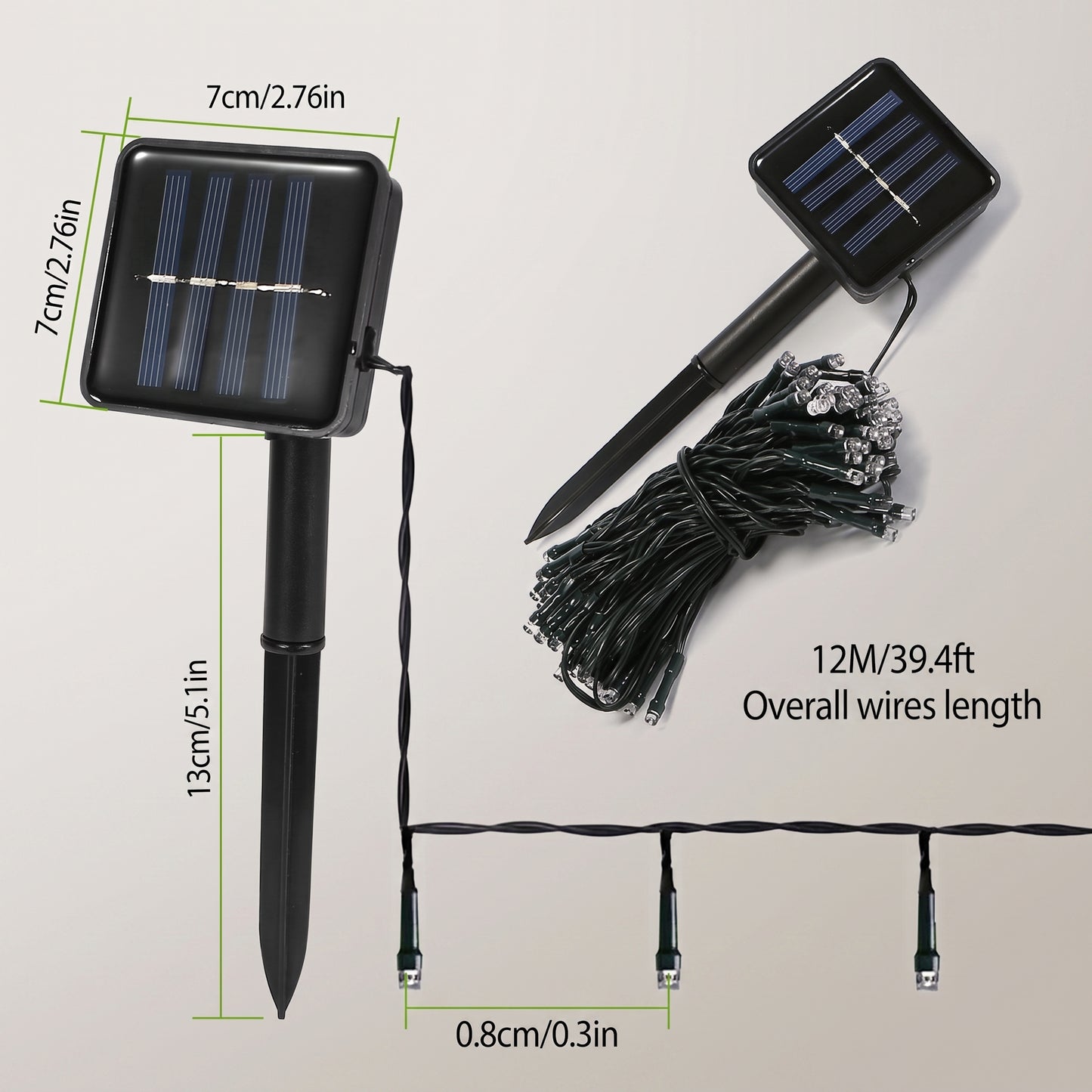 Solar garden stake light shown with dimension labels, including a single assembled unit, a coiled bundle of black wires, and a string of small bulbs. Text on the image reads 7cm/2.