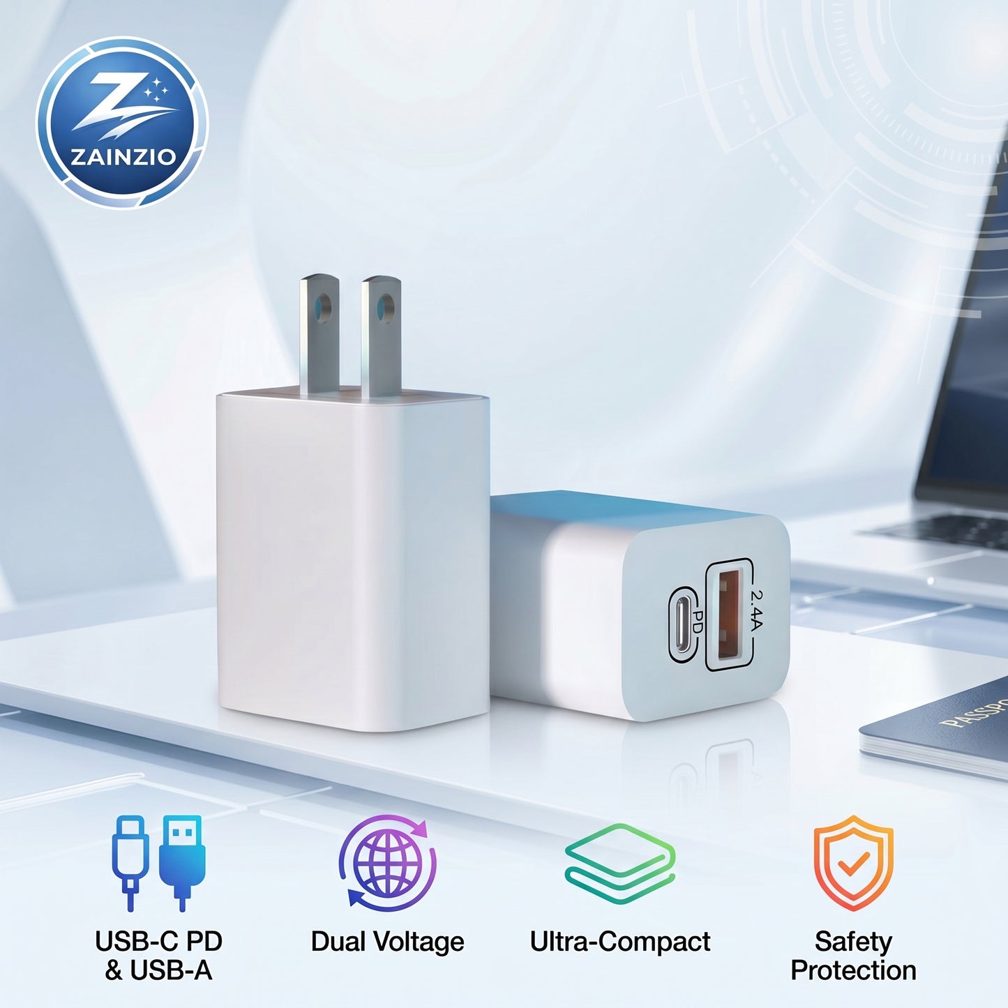 Zainzio Dual-Port Travel Charger – USB-C PD & USB-A, 2.4A
