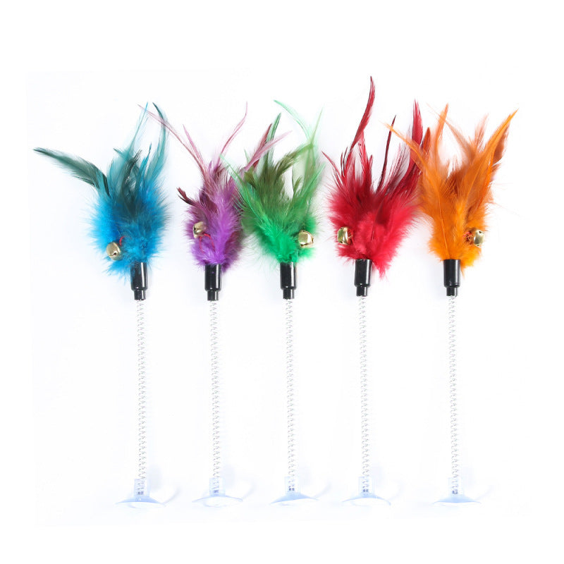 Five colorful feather cat toys on a white background