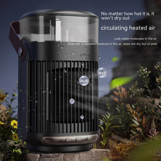 A black Zainzio 2-in-1 heater and humidifier sits on rocks, surrounded by illustrative water droplets and H2O molecules. Text: "No matter how hot it is, it won't dry out, circulating heated air. Lock water molecules in the air. Does not evaporate moisture in the air, does not dry out or peel.