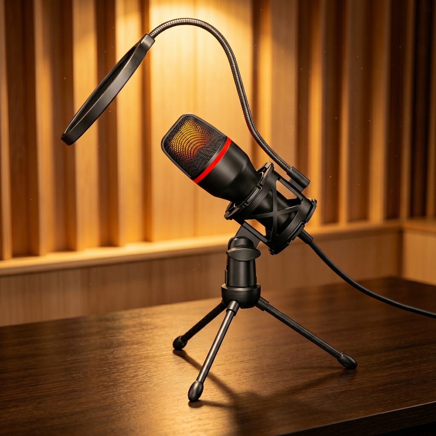 A black USB condenser microphone with a desktop tripod stand and attached pop filter. Its grille displays a vibrant RGB light effect and a red accent band.
