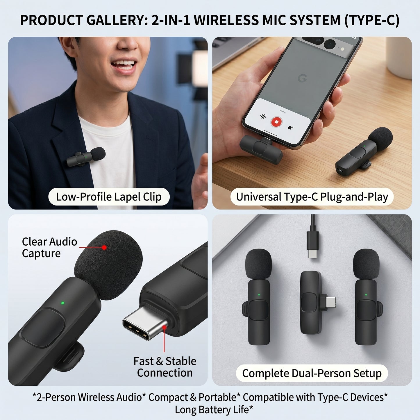 PRODUCT GALLERY: 2-IN-1 WIRELESS MIC SYSTEM (TYPE-C). Features include a low-profile clip, Type-C plug-and-play, clear audio, stable connection, and dual-person setup.
