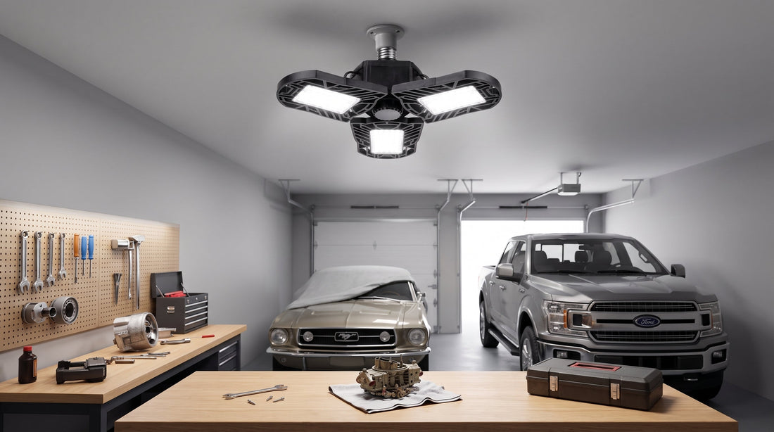 A bright garage illuminated by a multi-panel LED light fixture. Two cars, a covered classic and a pickup, are parked as tools lay on workbenches.