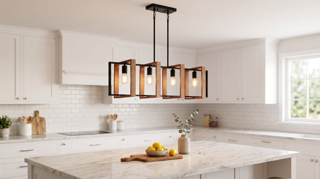 A bright modern farmhouse kitchen showcases a multi-light pendant chandelier with a black and wood frame design over a marble island, enhancing the space.