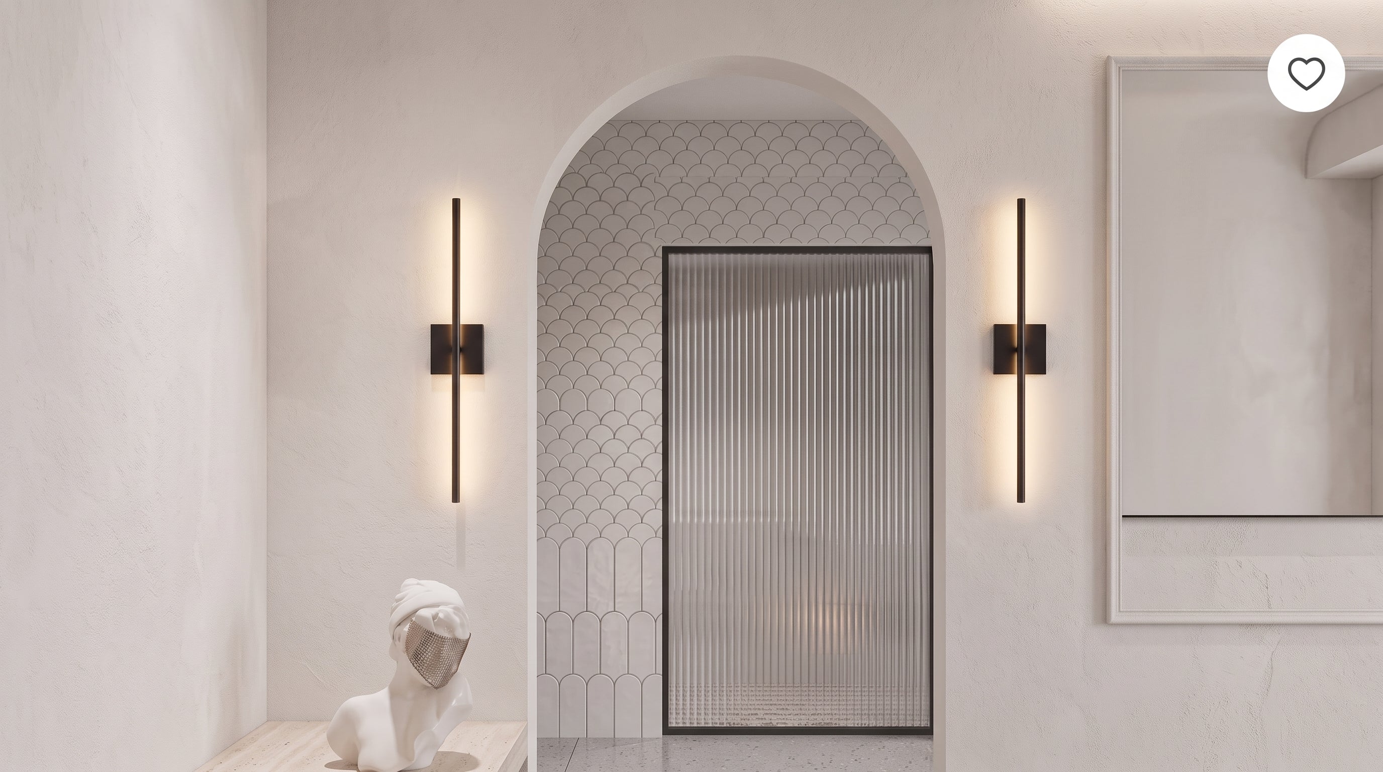 A modern, minimalist interior showcases two vertical black LED wall sconces, illuminating an archway leading to a fluted glass door. A white statue adds detail to the sleek space.
