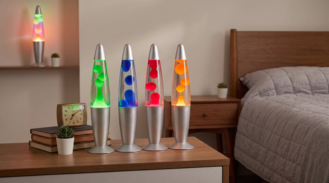 Four colorful 13-inch lava lamps stand on a dresser, demonstrating how they enhance a modern room with their vibrant glow. Another lamp illuminates a shelf nearby.