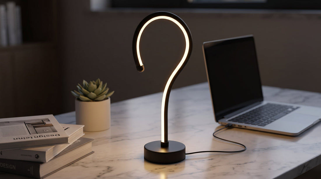 A black question mark-shaped LED lamp illuminates a modern desk setup with a laptop and a succulent. Books labeled "Design leinn" are also visible.