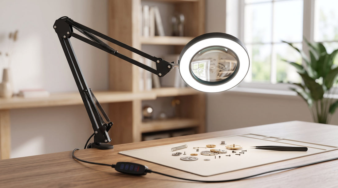 A black articulated LED magnifier lamp illuminates tiny watch parts and tools on a wooden desk. Its inline control shows "8888", demonstrating precision work.