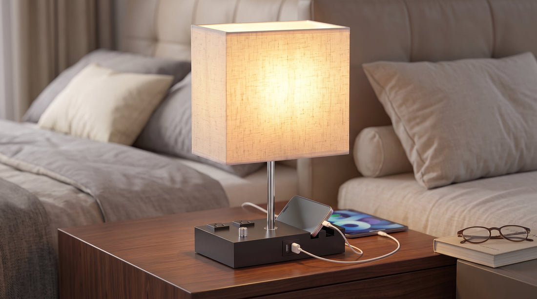 A modern dimmable bedside lamp with a square shade and integrated charging station illuminates a bedroom setting, providing convenient power for phones and tablets.