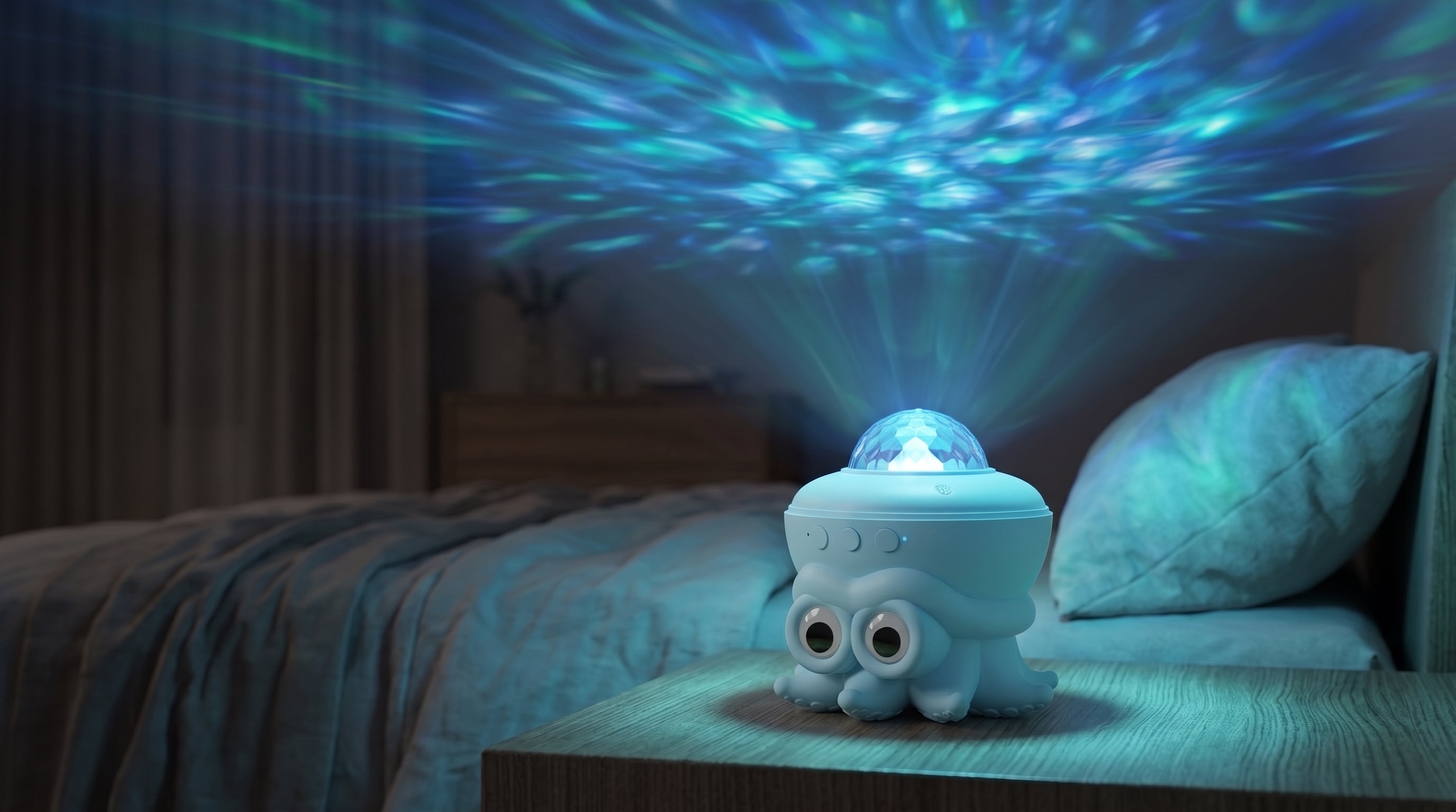 A cute octopus-shaped ocean wave projector sits on a nightstand, casting mesmerizing blue and green water ripples across a dark bedroom ceiling, creating a tranquil ambiance.