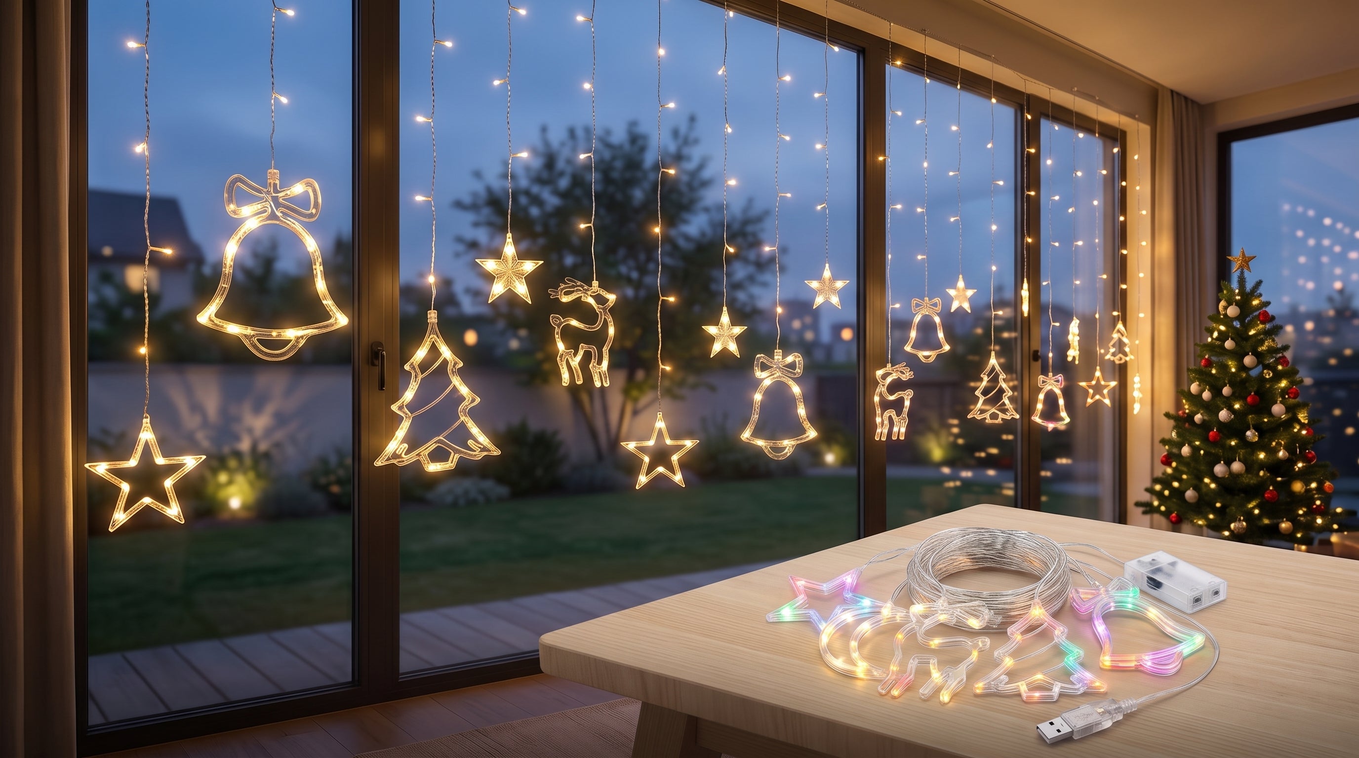A cozy room features festive LED curtain string lights hung across large windows, with more unboxed on a table, illustrating decoration options. The illuminated shapes include stars, bells, Christmas trees, and reindeer.