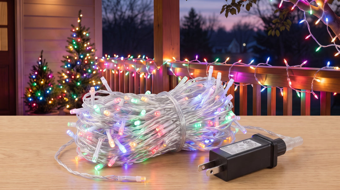 A coiled string of multicolor LED lights and its power adapter (CULUS E270380) rest on a wooden surface. Decorated Christmas trees and a lit balcony railing are blurred in the background, creating a festive scene.
