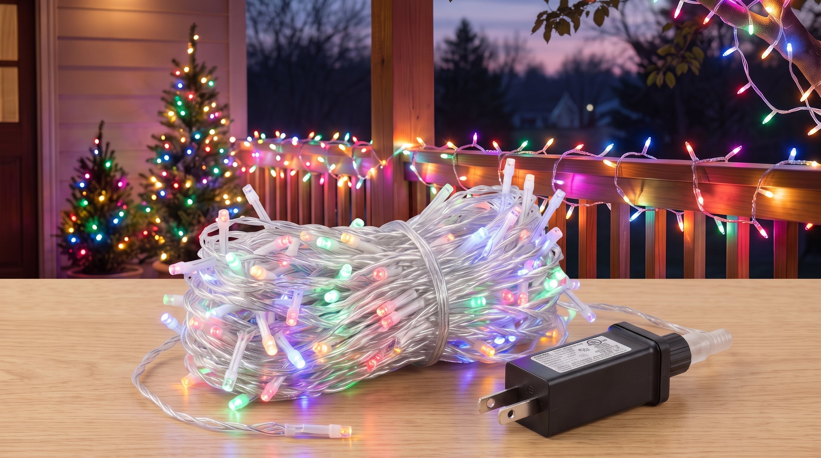 A coiled string of multicolor LED lights and its power adapter (CULUS E270380) rest on a wooden surface. Decorated Christmas trees and a lit balcony railing are blurred in the background, creating a festive scene.