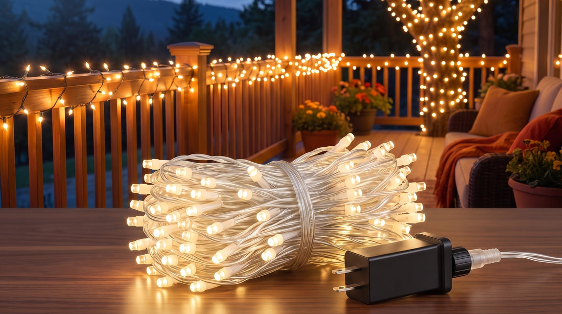 A bundle of warm white dimmable string lights and power adapter rests on a table, ready to illuminate a cozy outdoor patio strung with similar lights.