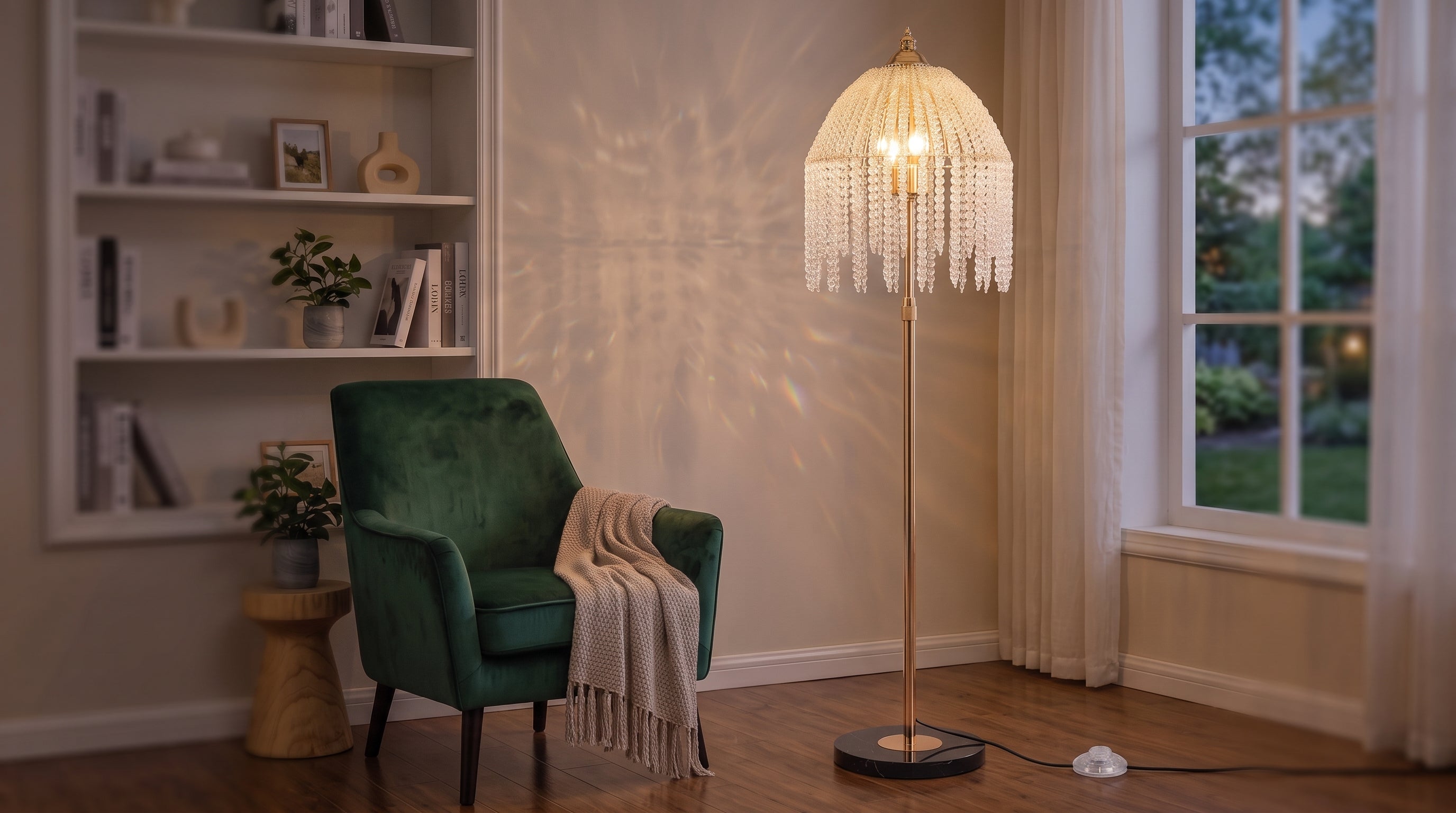 A glamorous crystal waterfall floor lamp illuminates a cozy reading nook. Its golden frame and sparkling beads cast a beautiful light, complementing the green velvet chair and bookshelf.