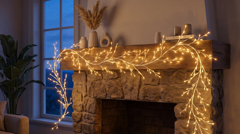A glowing lighted birch garland drapes over a stone fireplace mantel. Warm white LEDs illuminate vases, pampas grass, and books titled "MARCELLUS" and "THE NIGHT WHITE".