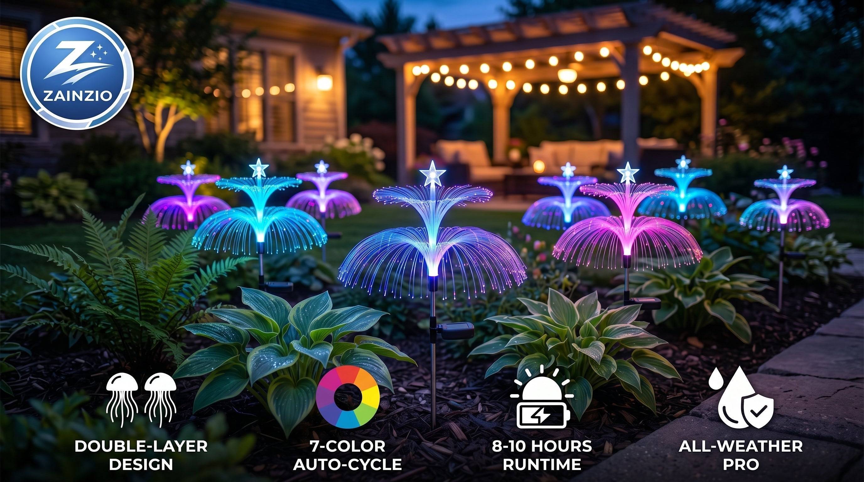 Four Zainzio solar jellyfish garden lights illuminating a dark garden pathway with vibrant pink and blue fiber optic strands beneath glowing star toppers.