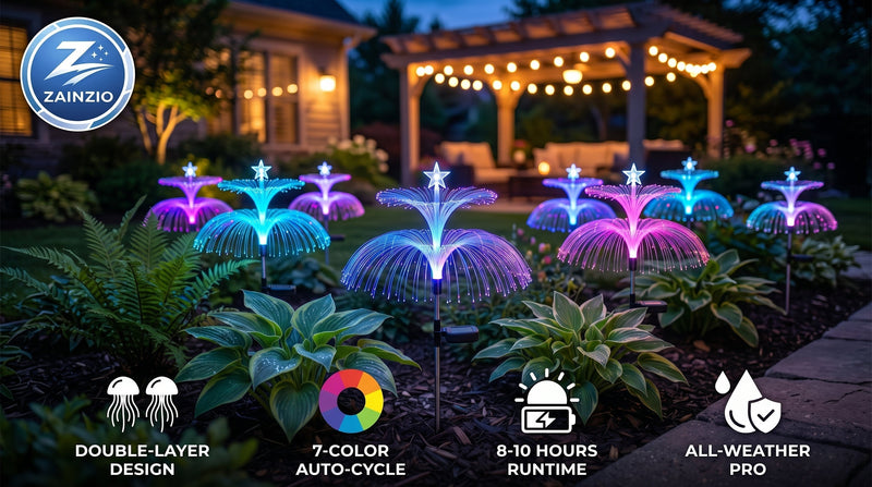 Four Zainzio solar jellyfish garden lights illuminating a dark garden pathway with vibrant pink and blue fiber optic strands beneath glowing star toppers.