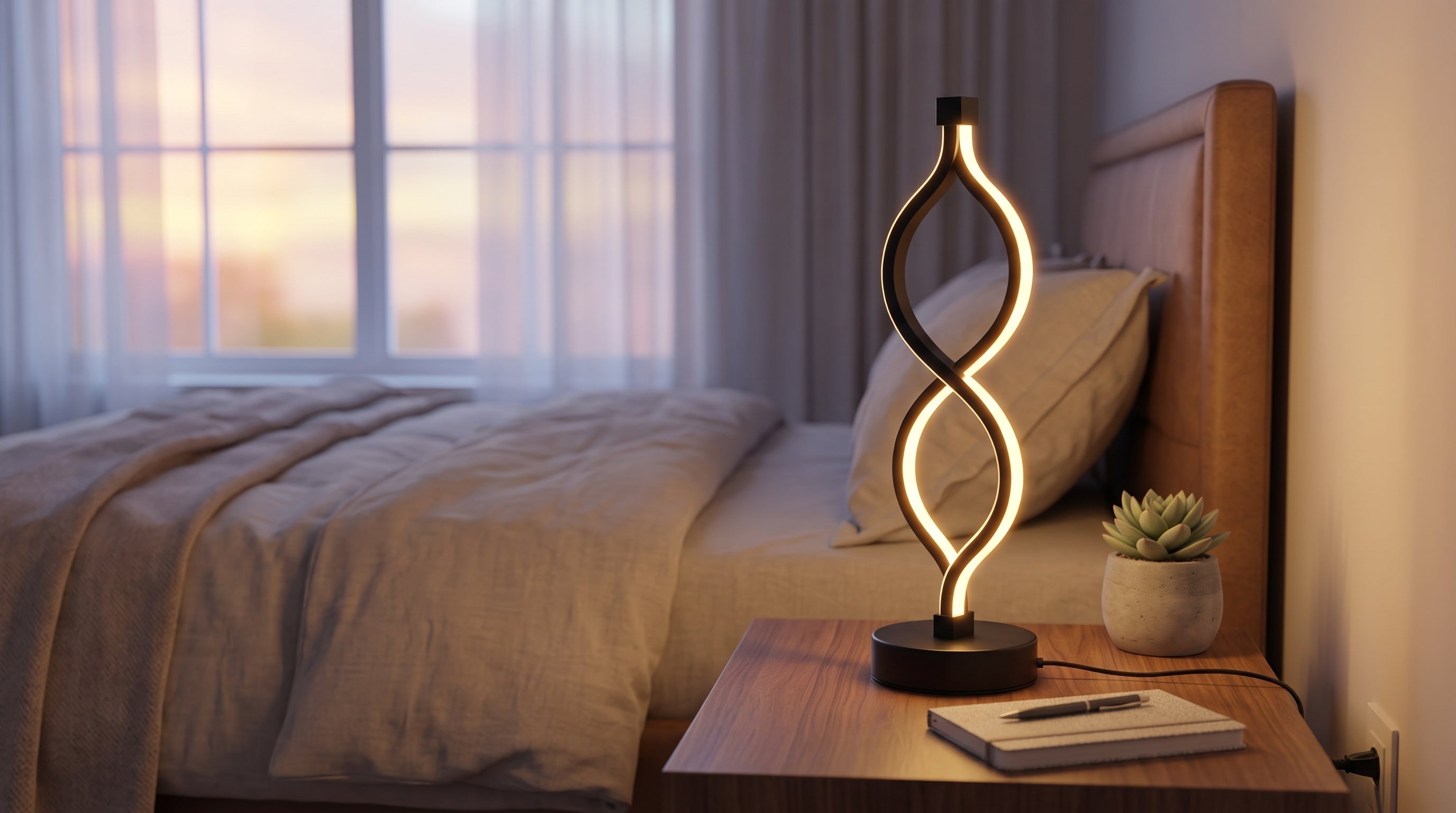 A sleek spiral LED table lamp with a warm glow illuminates a nightstand in a modern bedroom, featuring a succulent and notebook, creating a cozy ambiance.