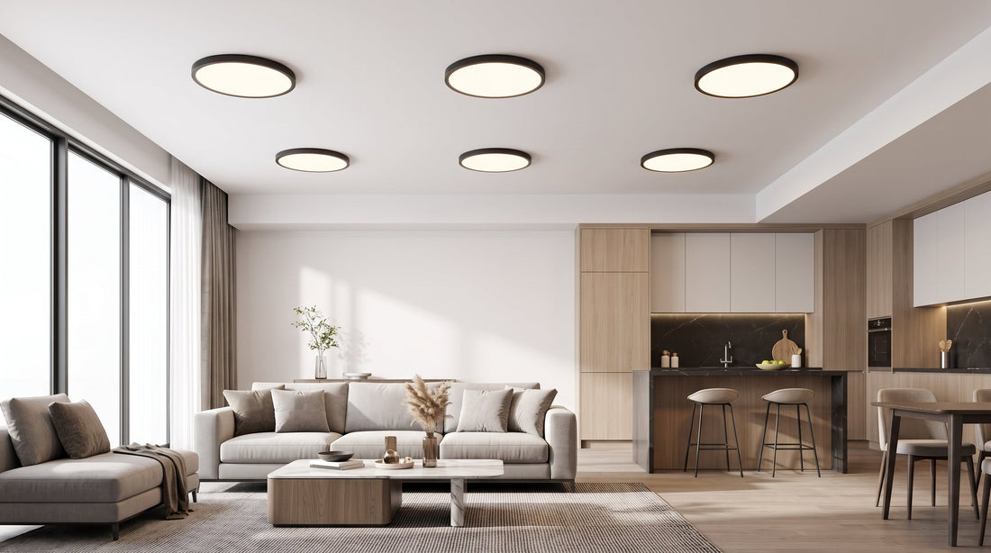 A modern open-concept living room and kitchen illuminated by multiple sleek flush-mount LED ceiling lights. The contemporary space features a neutral sofa and dark kitchen island.