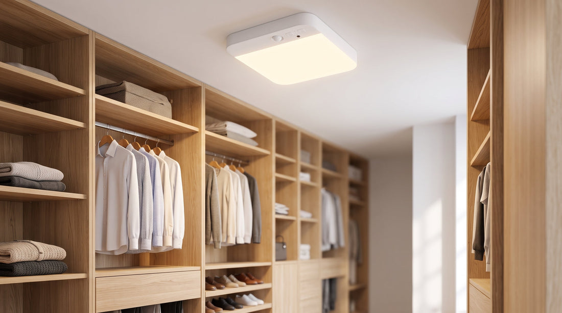A bright, organized walk-in closet with wooden shelves, effectively illuminated by a modern rectangular motion sensor ceiling light mounted on the ceiling.