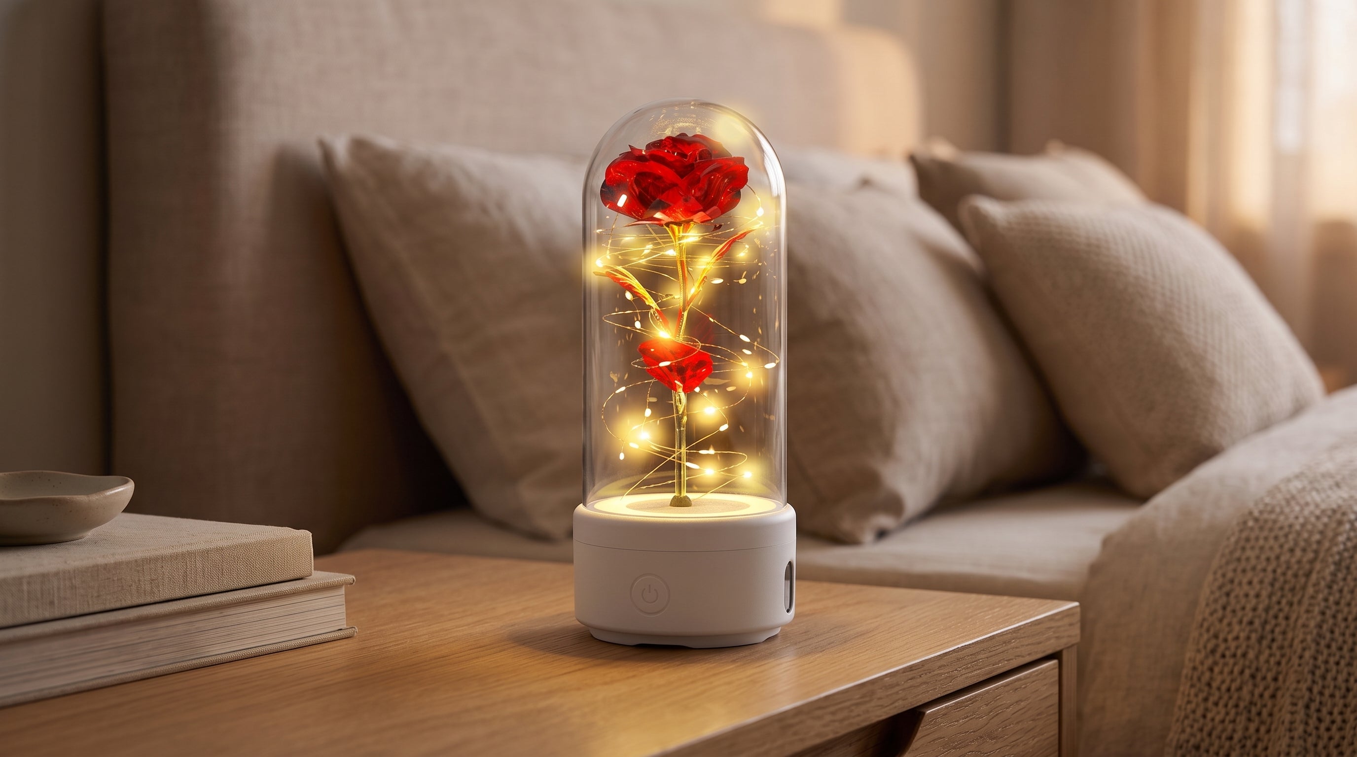 An LED Rose Bluetooth Speaker, featuring a red rose and warm fairy lights under a clear dome, sits on a bedside table, creating a cozy ambiance.