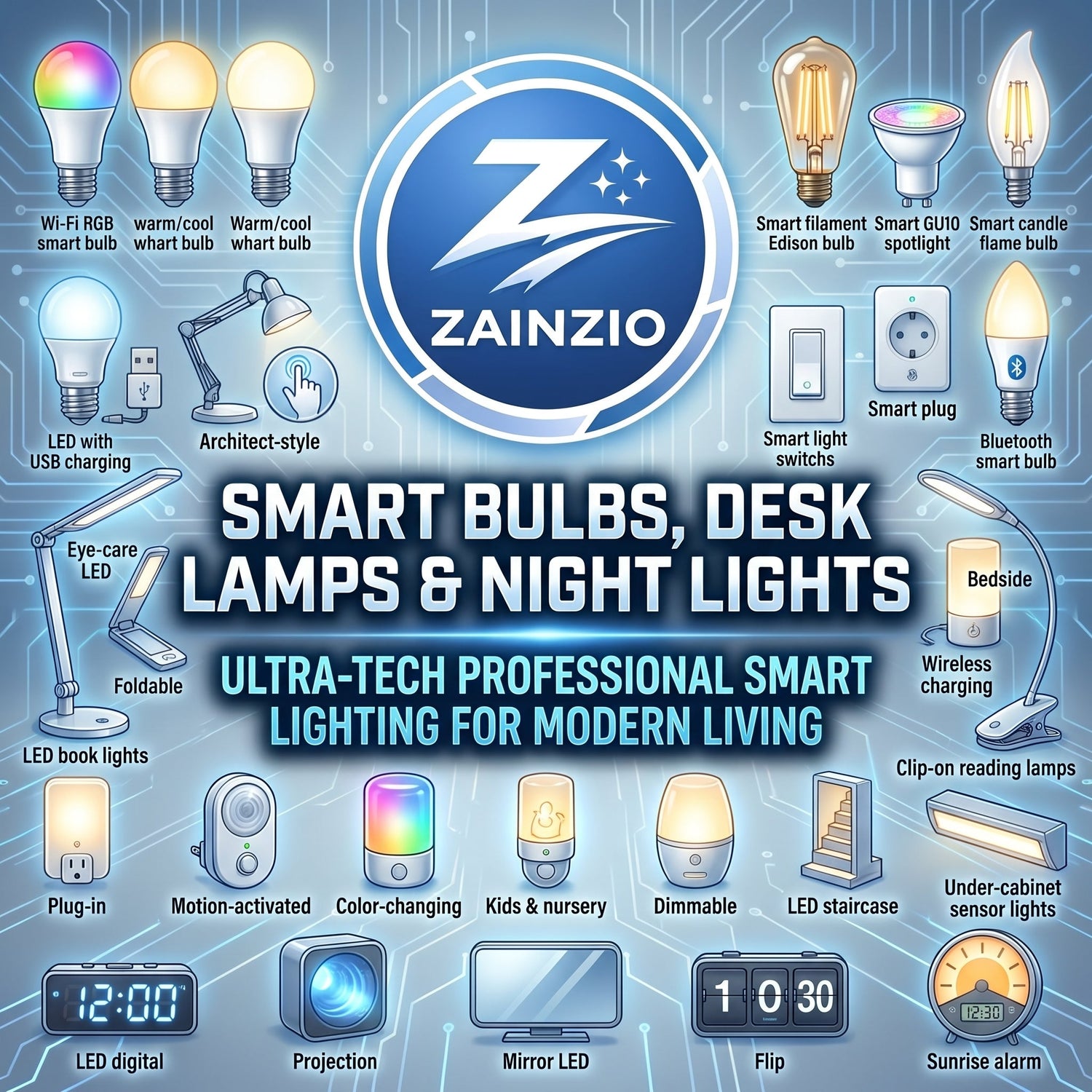 Light your home more intelligently, work more comfortably, and sleep more restfully with Zainzio's Smart Bulbs, Desk Lamps &amp; Night Lights collection — functional lighting that does its job beautifully every single day.
