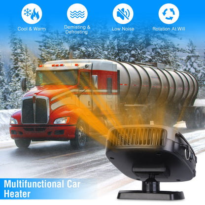 A car heater aims warm air at a truck on a snowy road. Features: Cool & Warm, Demisting & Defrosting, Low Noise, Rotation At Will. Text: Multifunctional Car Heater.