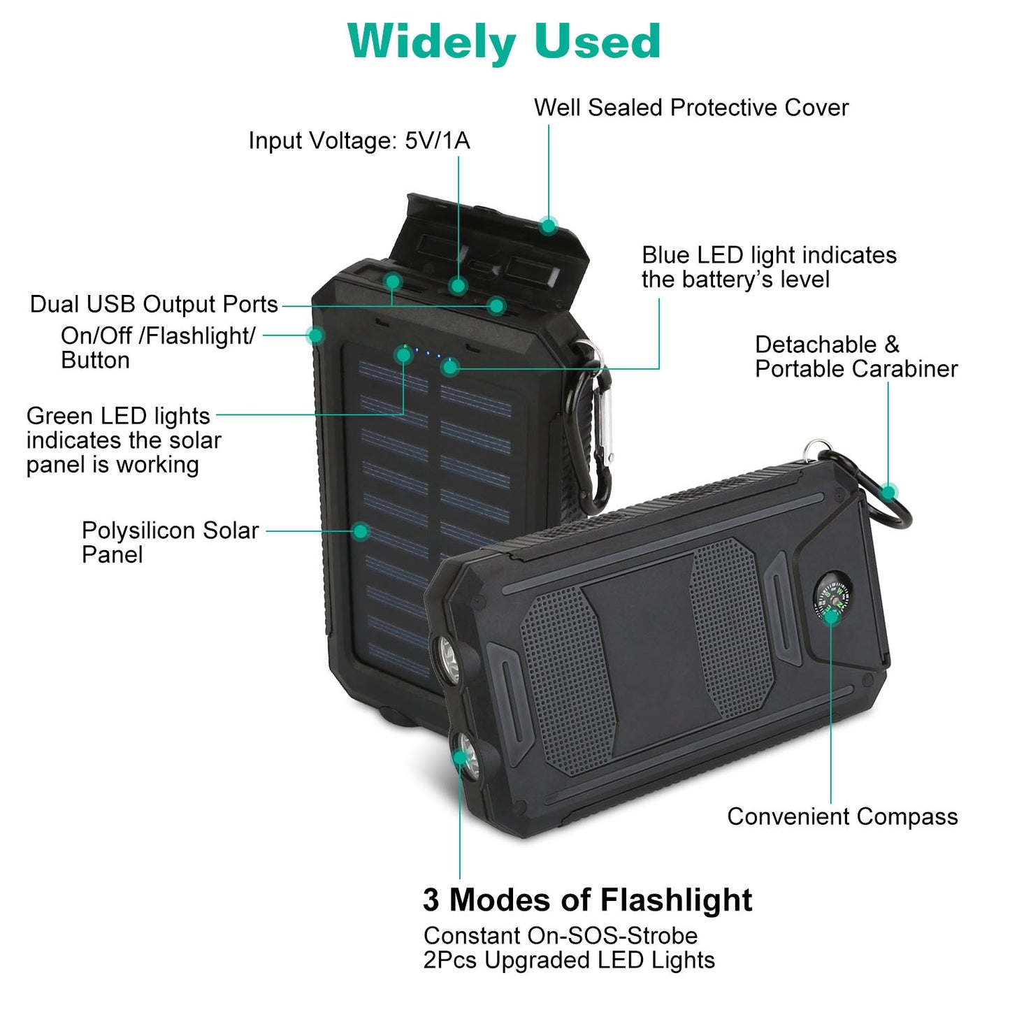 Solar Power Bank, Outdoor Portable Charger, Zainzio Survival, Camping Power Pack, Dual USB Charger, Compass Power Bank, SOS LED Flashlight
