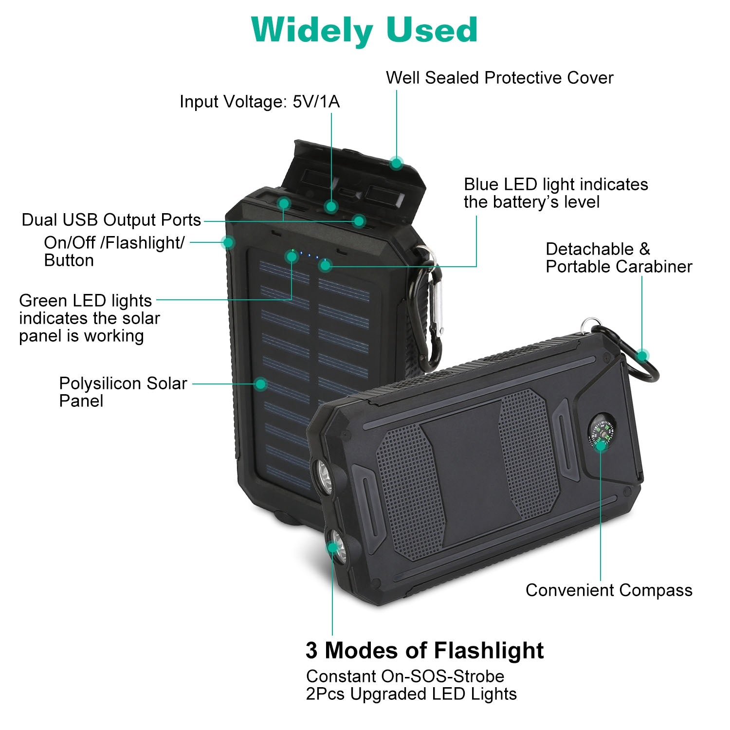 Solar Power Bank, Outdoor Portable Charger, Zainzio Survival, Camping Power Pack, Dual USB Charger, Compass Power Bank, SOS LED Flashlight