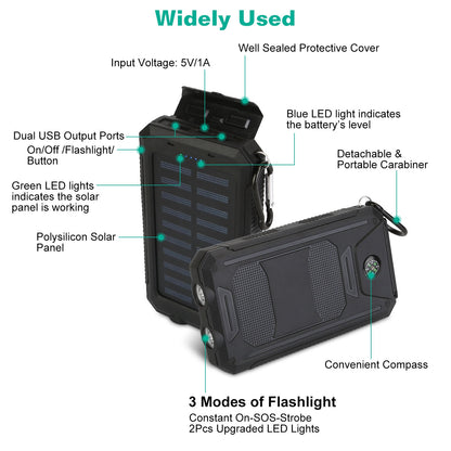 Solar Power Bank, Outdoor Portable Charger, Zainzio Survival, Camping Power Pack, Dual USB Charger, Compass Power Bank, SOS LED Flashlight