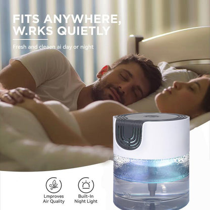 A product image showing a compact air purifier with a blue light next to a sleeping couple. Text: FITS ANYWHERE, W.RKS QUIETLY, Lmproves Air Quality, Built-In Night Light.