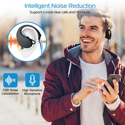 Man using a smartphone with earbud headphones, featuring intelligent noise reduction technology.
