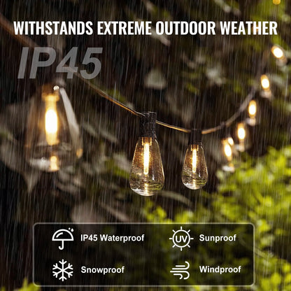 String lights with raindrops and text indicating IP45 weather resistance.