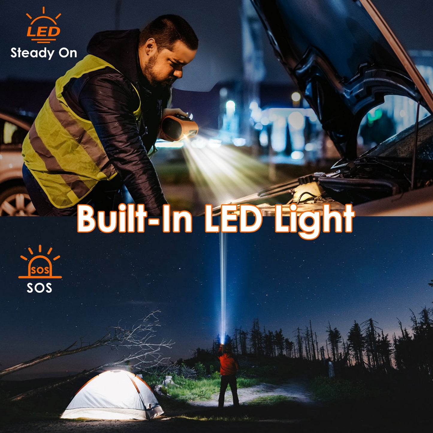 Person using a car with a built-in LED light and another scene of a person with a flashlight near a tent in the dark.