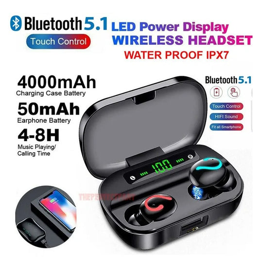 Wireless headset with charging case, displaying battery levels and features on a white background.