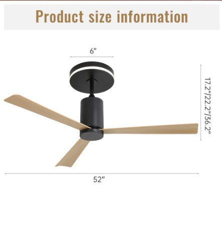 Flush Mount Ceiling Fan, 52 Inch Ceiling Fan, Ceiling Fan with Light, Quiet DC Motor Fan, Modern Wood Ceiling Fan, Low Profile Fan, Indoor Outdoor Patio Fan, Zainzio