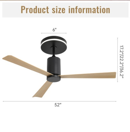 Flush Mount Ceiling Fan, 52 Inch Ceiling Fan, Ceiling Fan with Light, Quiet DC Motor Fan, Modern Wood Ceiling Fan, Low Profile Fan, Indoor Outdoor Patio Fan, Zainzio